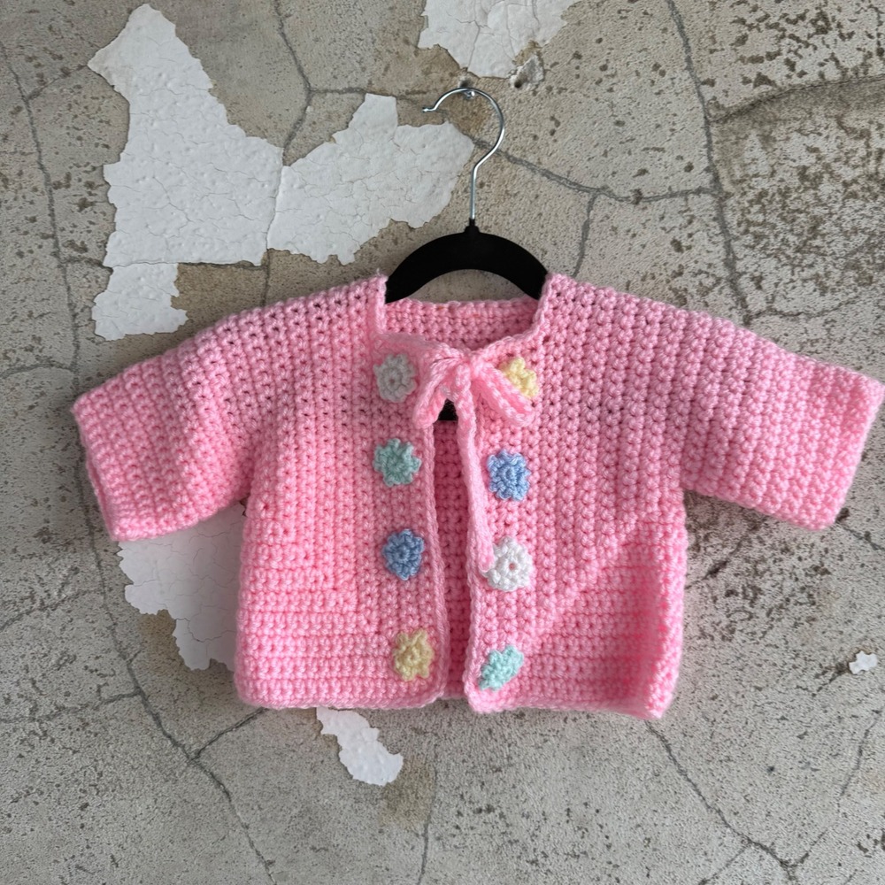 Handmade Crochet Baby Cardigan Floral Applique Tie Front Sweater Baby Girl 6-9M